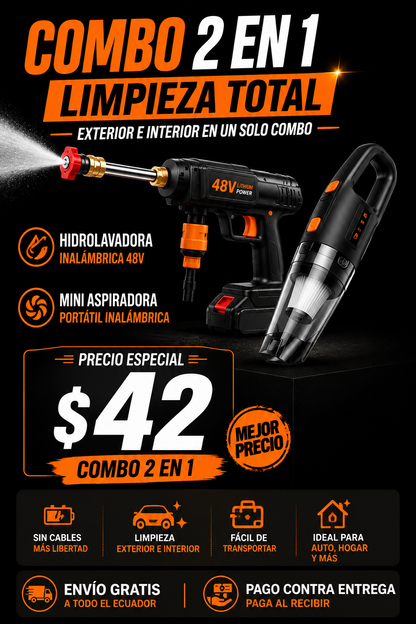 Combo 2 en 1 Hidrolavadora Inalámbrica 48V + Mini Aspiradora Portátil
