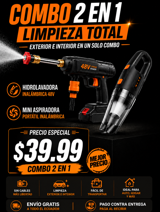 Combo 2 en 1 Hidrolavadora Inalámbrica 48V + Mini Aspiradora Portátil